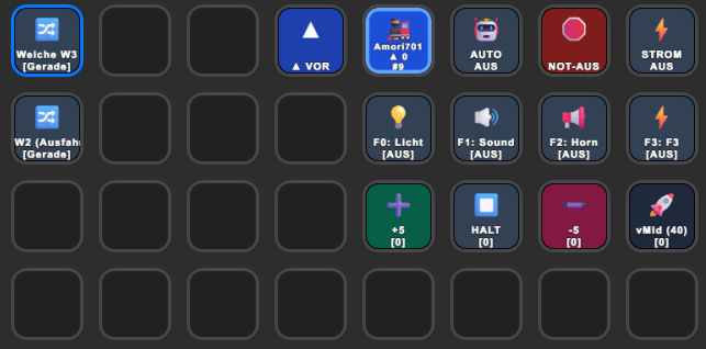 TrainMaster Elgato Stream Deck Plugin Live Screenshot mit Weichensteuerung, Lokregler und Not-Aus